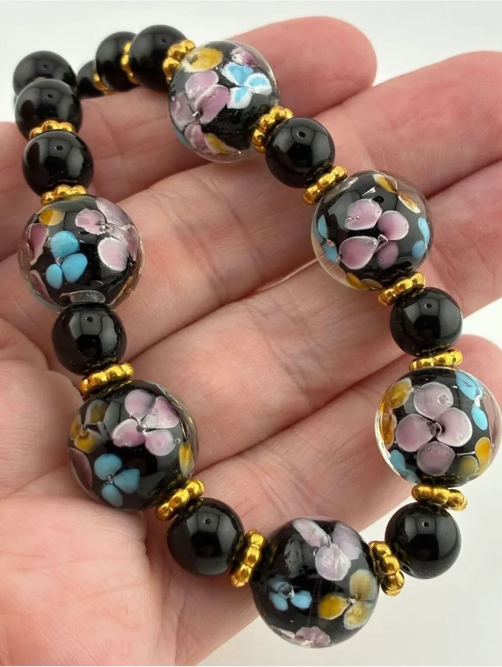 Venetian-style Black Floral Glass Bead Necklace with Gold Accents Adjustable